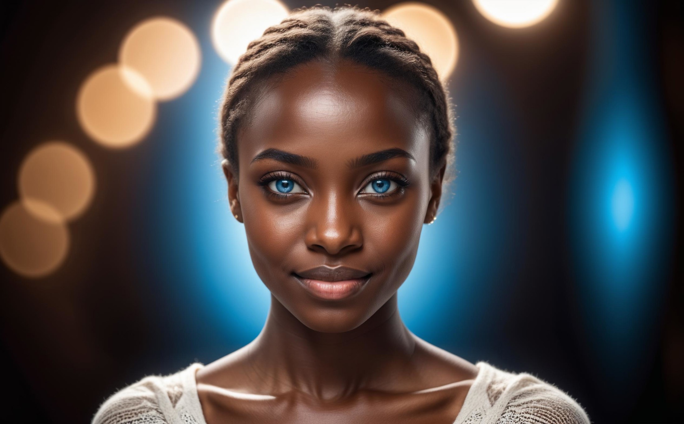 a young african woman, blue eyes, face portrait,, high quality photography, 3 point lighting, flash with softbox, 4k, Cano...